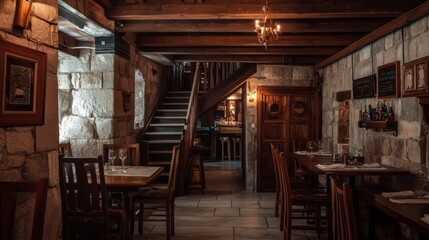Fototapeta premium Cozy interior of a rustic restaurant featuring wooden tables and stone walls, captured during evening hours with warm lighting