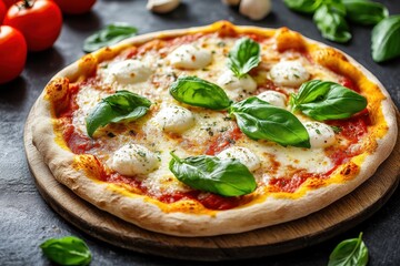 Homemade Neapolitan Margherita pizza with fresh mozzarella and basil from a brick oven Authentic Italian Pizza Margherita