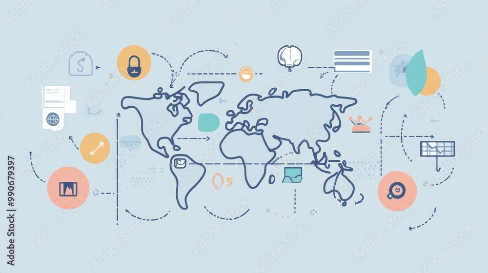 Poster a creative digital illustration of a world map featuring technology symbols and connectivity element