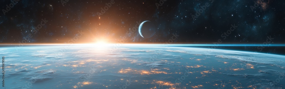Aufkleber sunrise over earth, capturing the vibrant atmosphere and distant moon from the perspective of outer 