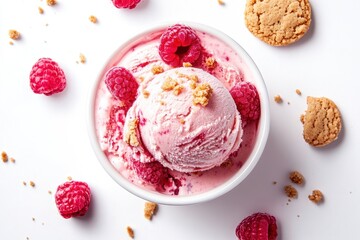 Homemade raspberry frozen yogurt with crumbly cookies set against a white backdrop viewed from above