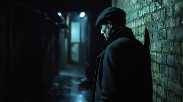 A man wearing a dark coat and cap stands alone in a narrow alley at night, illuminated by dim blue lights, creating a mysterious atmosphere