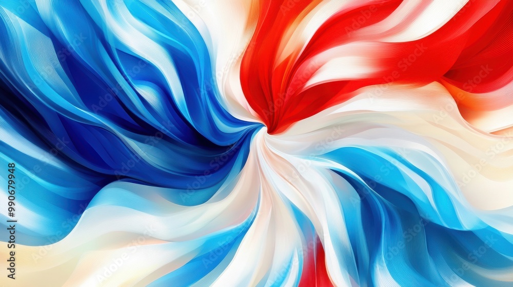 Poster colorful swirl of blue, red, and white fabric creating a dynamic abstract pattern in a vibrant desig