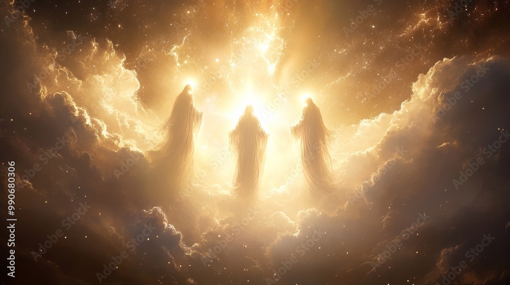 Poster Ethereal figures emanating light in a cosmic cloudscape during a celestial event at twilight