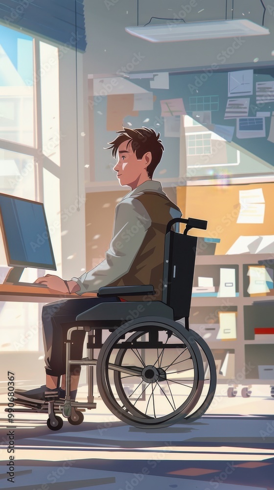 Aufkleber a man in a wheelchair is sitting at a desk with a computer