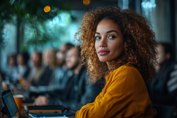 A diverse group of employees engaged in a lively meeting, with various digital devices and interactive whiteboards facilitating discussion.
