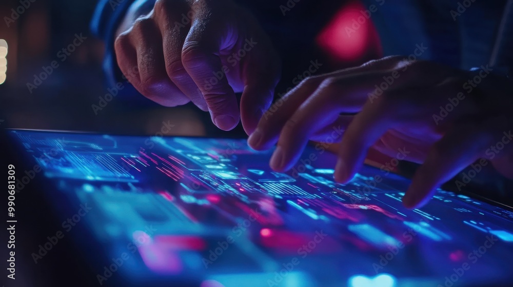 Poster Close-up of hands interacting with a futuristic touchscreen interface in a dimly lit environment, showcasing advanced technology and graphics