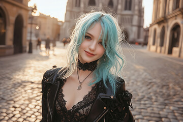 Obraz premium Emo-goth girl with pastel blue hair and soft makeup