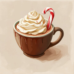 Peppermint hot chocolate with whipped cream and candy cane, festive holiday drink