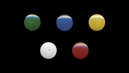 a set of colorful clear circles, empty stationery tacks, front view, isolated metal push rounded pins on black background