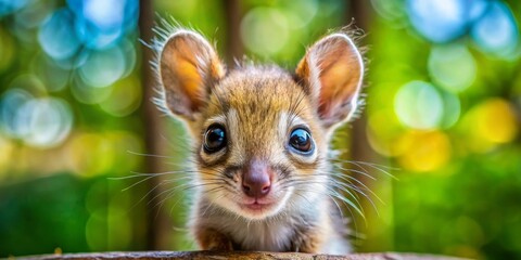Obraz premium A tiny fawn takes a step closer, its large ears perked up and its curious gaze fixed on