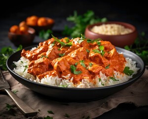 Chicken tikka masala with rice, a popular Indian dish, perfect for menus, recipe blogs, food related websites, and cultural presentations. Generative AI