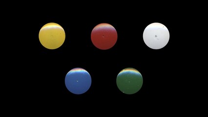 a set of colorful clear circles, empty stationery tacks, front view, isolated metal push rounded pins on black background