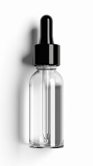 A clear bottle with a black cap and a black dropper
