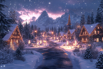 A Christmas Eve virtual reality experience where users can explore a fully immersive, futuristic holiday village. Concept of virtual holiday adventures.