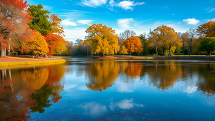 Small lake surrounded by forest with colorful plants at autumn blue cloudy sky and sunny day. Beautiful reflections. Beautiful colored trees with lake in autumn, landscape photography. AI generated	
