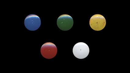 a set of colorful clear circles, empty stationery tacks, front view, isolated metal push rounded pins on black background