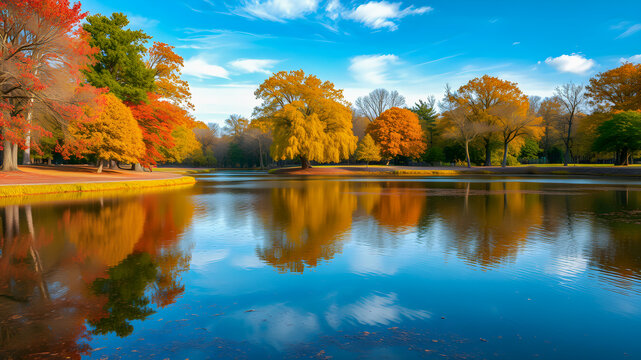Small lake surrounded by forest with colorful plants at autumn blue cloudy sky and sunny day. Beautiful reflections. Beautiful colored trees with lake in autumn, landscape photography. AI generated	
