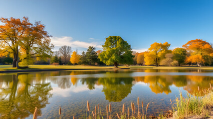 Small lake surrounded by forest with colorful plants at autumn blue cloudy sky and sunny day. Beautiful reflections. Beautiful colored trees with lake in autumn, landscape photography. AI generated