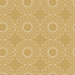 Abstract geometric pattern with crosses, stripes, lines. Seamless vector background. White and gold ornament. Modern reticulated graphic design.