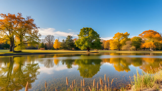 Small lake surrounded by forest with colorful plants at autumn blue cloudy sky and sunny day. Beautiful reflections. Beautiful colored trees with lake in autumn, landscape photography. AI generated	
