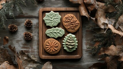 Fototapeta premium Modern and natural Christmas cookies in earthy tones, featuring olive green and terracotta icing, arranged with dried leaves and ornaments. Christmas cookies