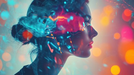 A woman's silhouette blends with vibrant colors, showcasing artistic expression and creativity in a low-light setting