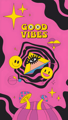 A vibrant and colorful cosmic scene set against a pink background. Dominating the center is a triangular prism with an eye in the middle,
surrounded by swirling patterns