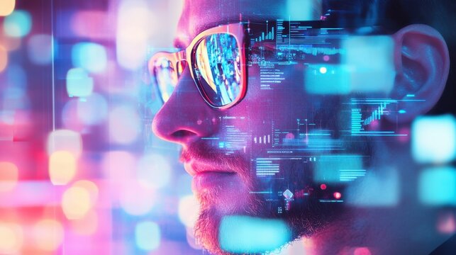 A man with glasses stands against a vibrant digital background filled with glowing data and colorful information visualizations at night