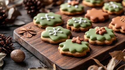 Fototapeta premium Festive Christmas cookies in olive green and terracotta, set on a rustic wooden board for a contemporary, natural holiday scene. Christmas cookies