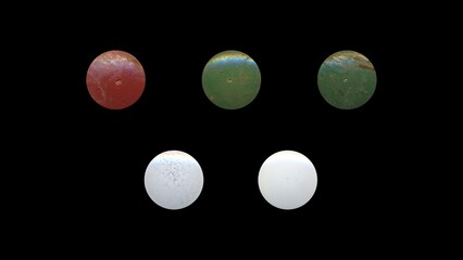 a set of colorful aged circles, rusty stationery tacks, front view, isolated metal push rounded pins on black background