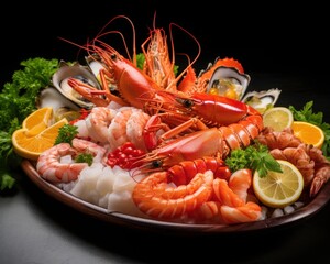 Seafood platter with shrimp, lobster, mussels, oysters, lemon, parsley, and rice. Perfect for restaurant menus, food blogs, and seafood promotions. Generative AI