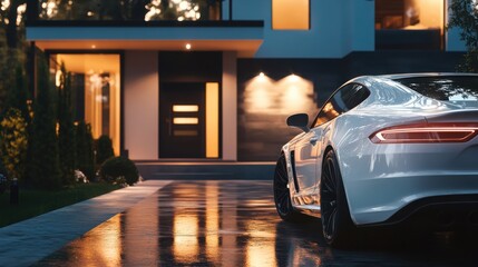 Luxury sports car parked outside a modern home during twilight with reflections on wet pavement