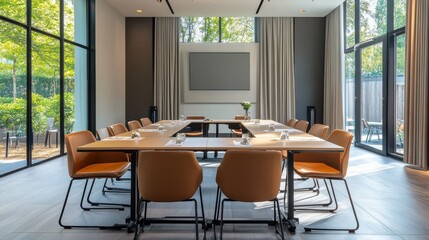 Fototapeta premium Modern conference room designed with large windows for natural light, featuring a long table and comfortable chairs in a business setting