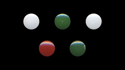 a set of colorful clear circles, empty stationery tacks, front view, isolated metal push rounded pins on black background