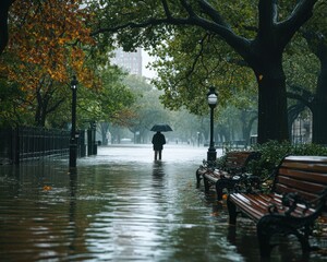 Person Walking with Umbrella Through Flooded Park
