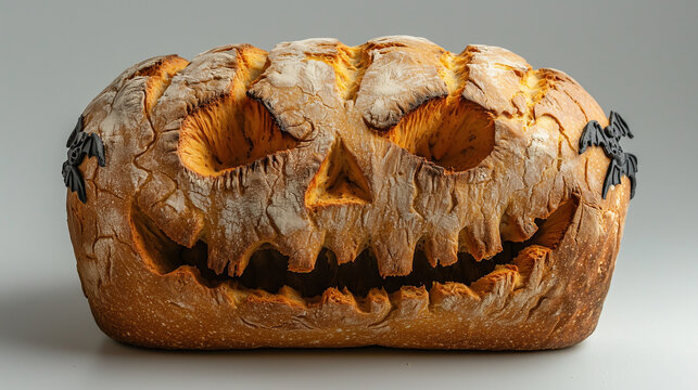 Spooky Bread Loaf:  A sourdough bread loaf is carved into a spooky jack-o'-lantern face for a fun and unique Halloween treat.  The bread is crafted with meticulous detail.