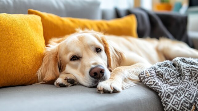 Golden Retriever dog resting on a sofa with yellow and grey throw pillows.