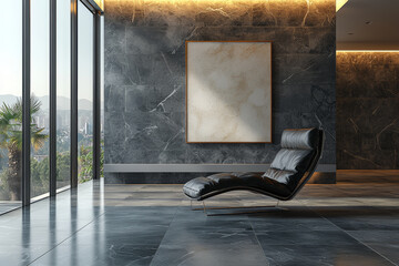 An empty, modern lounge with a single, striking piece of artwork on the wall. Concept of minimalist decor.