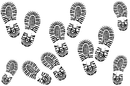 A boot mark, a tread mark. A footprint from the sole of a shoe and a foot, a bare foot print, a foot print, an imprint, a black and white boot print. Picture, graphic drawing, illustration in vector t
