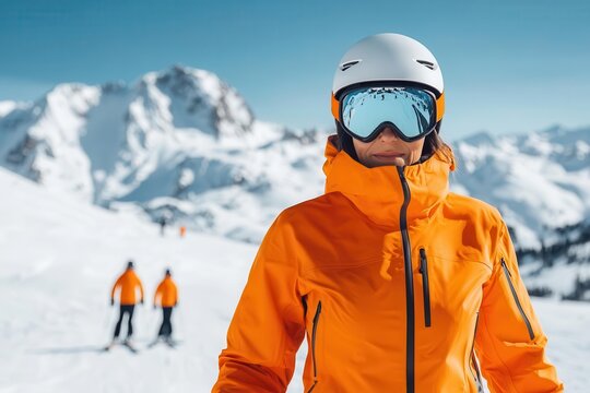 A guide woman giving skiing instructions to a group before a downhill session, symbolizing sports safety and leadership in winter sports Ski guide, Sports instruction