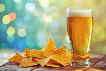 Pilsner beer in a flute with tortilla chips set against a vibrant background
