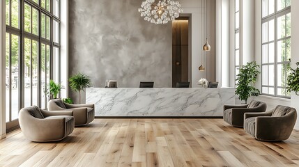 Fototapeta premium A luxurious hotel lobby with a minimalist yet elegant design, featuring a marble reception desk, modern velvet armchairs, a grand chandelier, and polished wood floors,