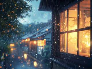 Rain falling gently on a window