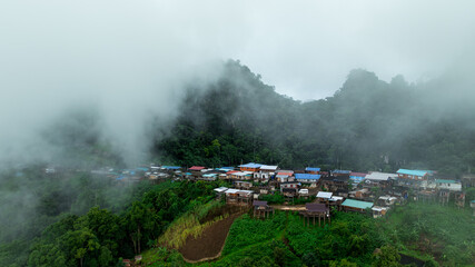 morning mist at Ban Ja Bo view point, Mae Hong Son Province Thailand, aerial drone point of view.