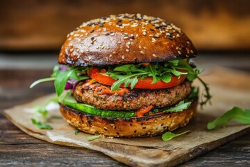 Plant based burger on a rustic wooden table featuring vegetable patty with meat taste Nutritious vegan meal