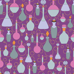 hand drawn potion bottles on bubbly background seamless pattern