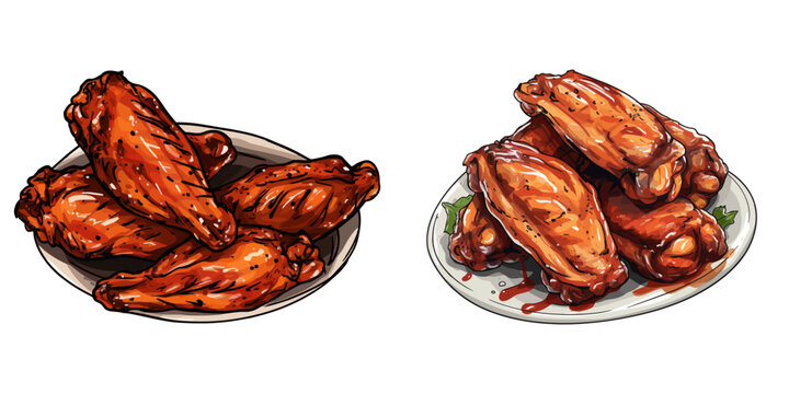 Vector illustration of spicy chicken wings on plates, perfect for food, cooking, and snack-themed designs.