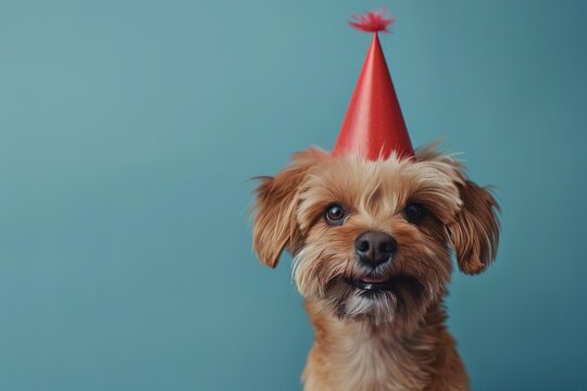 Cute dog celebrating with red pary hat and blow-out against a blue background and copy space to side, - Powered by Adobe