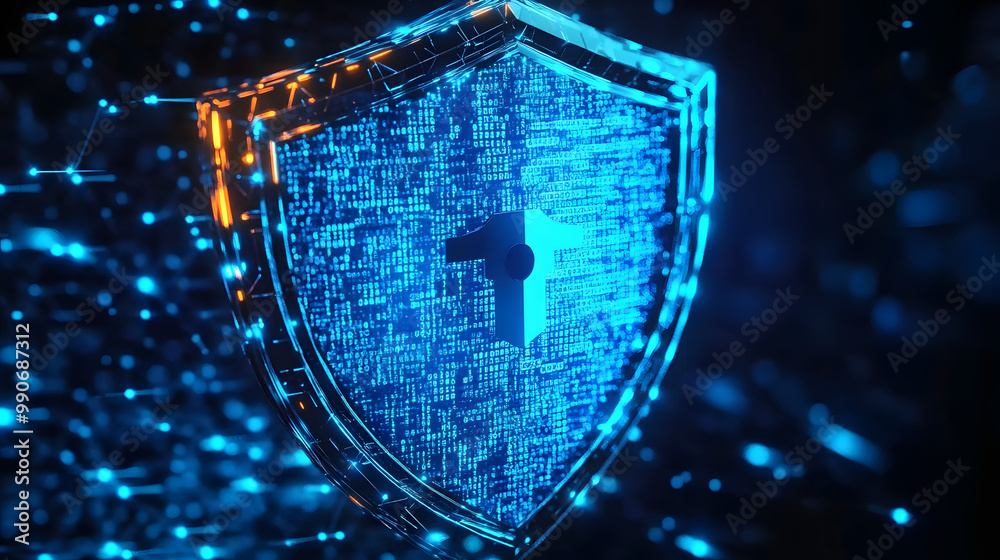 Poster digital blue guard shield icon with glowing binary code, ai in security defense systems